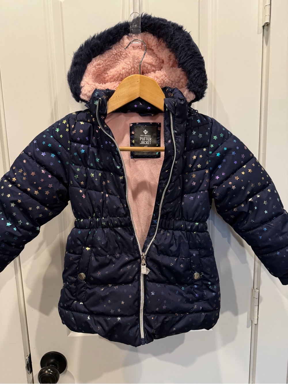 Kids Navy Star Puffer Jacket with Pink Sherpa Lining